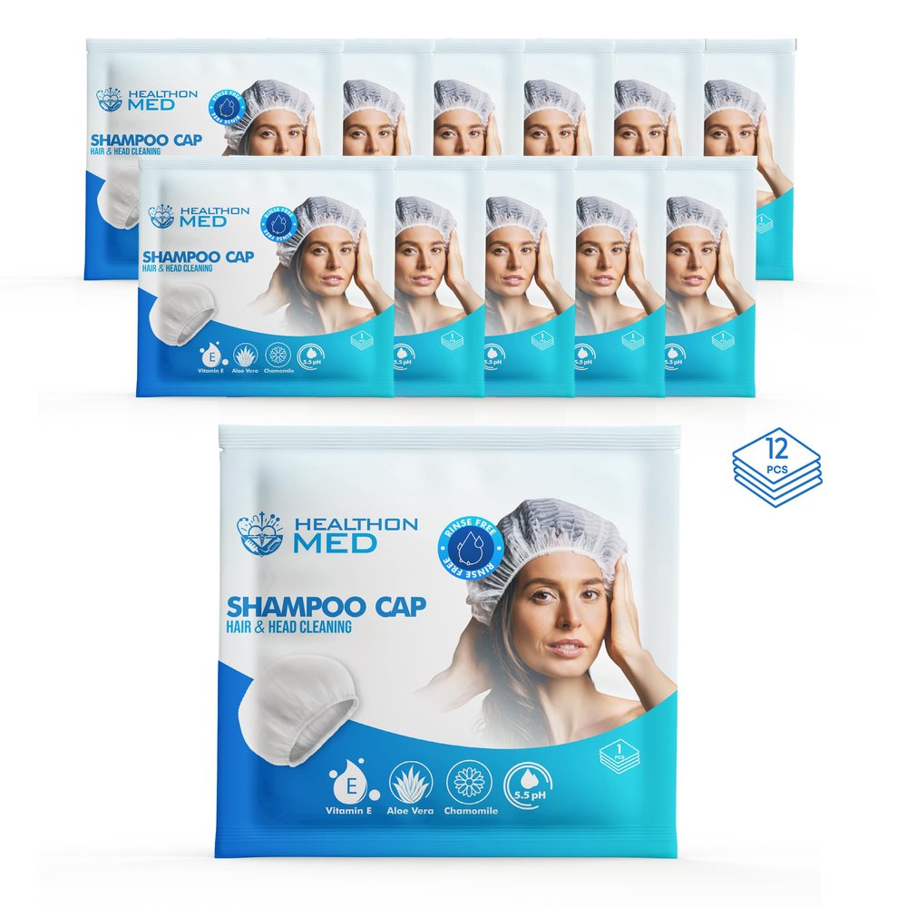 HEALTHONMED Shampoo Cap Rinse Free (Pack of 12) for Camping, Travel & Patients Aloe Vera Disposable Hair Washing Cap, No Water Needed, Suitable for All Hair Types