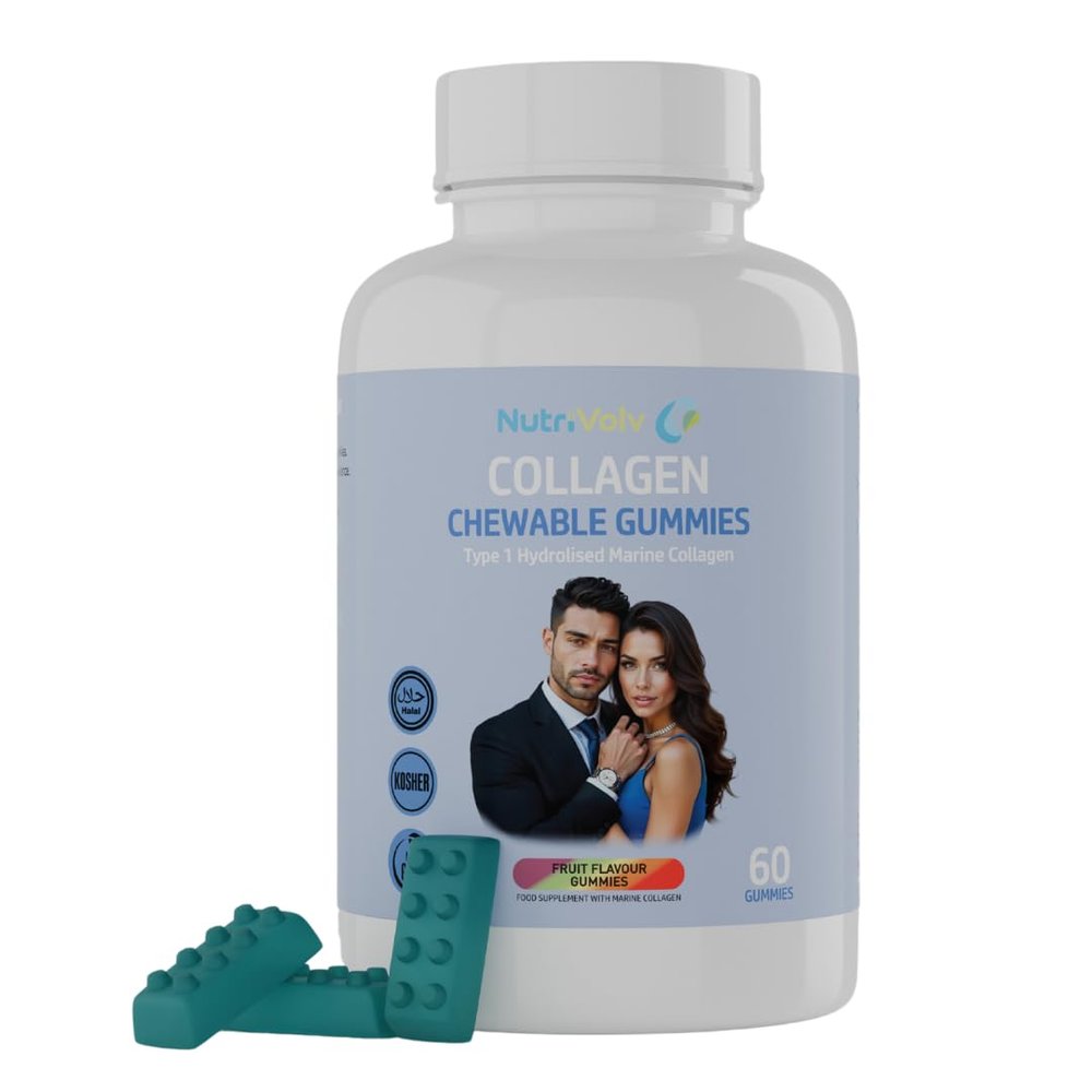Collagen Gummies | High Strength Marine Collagen Supplement | Advanced Superior Type 1 Hydrolysed Collagen Peptides | Triple Strength Pure Formulation | 60 Gummies | NutriVolv
