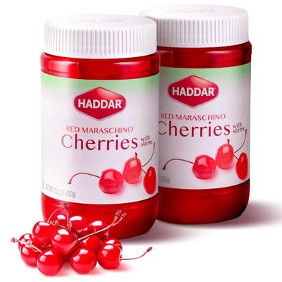 Haddar Red Maraschino Cherries with Stems, 430g (Pack of 2) | Old Fashioned Cocktail Cherries | Sweet & Vibrant Cherries for Dessert Garnish, Baking, Drinks