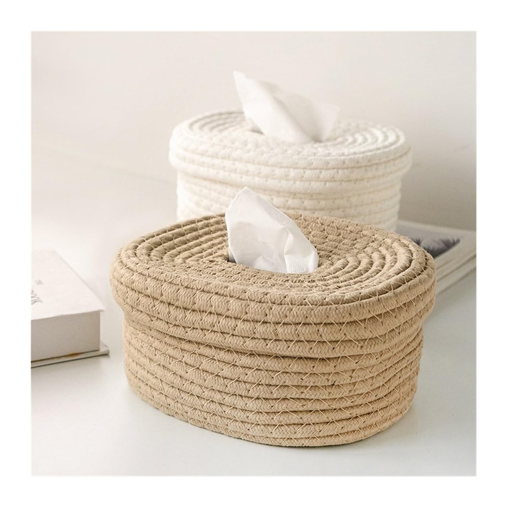 DFHS46JK Tissue Box Cover Simple Cotton Rope Hand Woven Tissue Storage Box, Creative Desktop Storage Box, Paper Drawer Washable In Living Room(White)