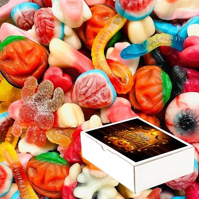 Halloween Pick n Mix Novelty Candy Jelly Sweets Mix With Gift Box - Eyeball,Pumpkin,Spiders,Worm,Skulls Trick or Treat Themed Sweets (500g)