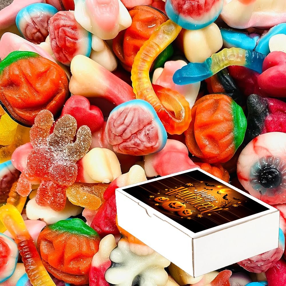 Halloween Pick n Mix Novelty Candy Jelly Sweets Mix With Gift Box - Eyeball,Pumpkin,Spiders,Worm,Skulls Trick or Treat Themed Sweets (500g)