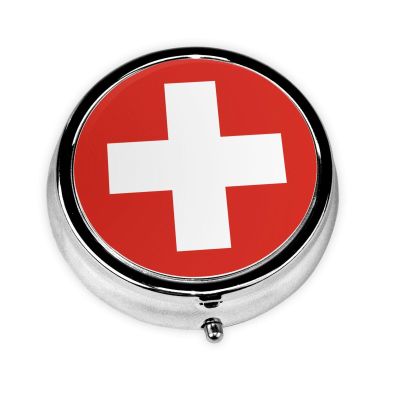 WHJYYXDE Round Pill Box 2.0x2.0x0.7 in Mini Travel Medicine Pill Organizer Box for Travel, Light to Carry Swiss Flag Printing