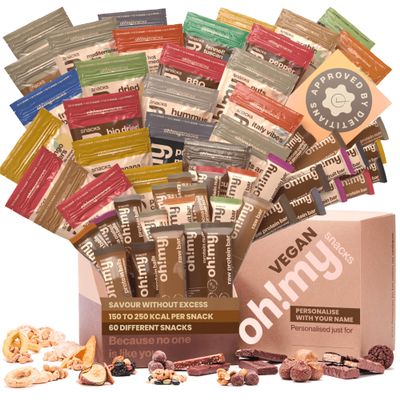 Oh!mysnacks Vegan Hamper - Healthy Snacks and Vegan Sweets Gift | Gift Hamper of Low Fat Snacks | Vegan Food Hamper containing Low Calorie Snacks | Healthy Snacks for Adults (60 Snacks)