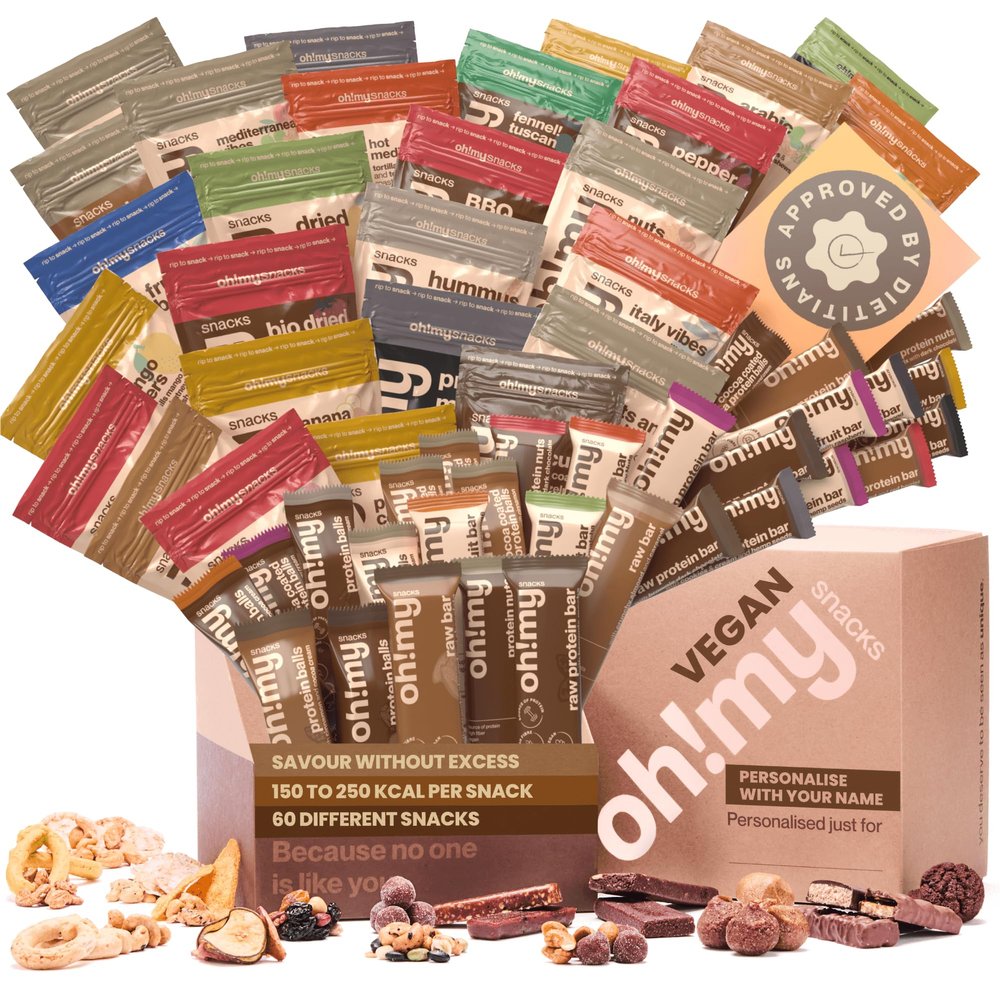 Oh!mysnacks Vegan Hamper - Healthy Snacks and Vegan Sweets Gift | Gift Hamper of Low Fat Snacks | Vegan Food Hamper containing Low Calorie Snacks | Healthy Snacks for Adults (60 Snacks)