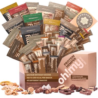 Oh!mysnacks Protein Hamper - Snack Gift Box of High Protein Low Calorie Snacks | Healthy Snacks for Adults | Protein Snack Selection in a Luxury Gift Hamper | High Protein Snacks (45 Snacks)