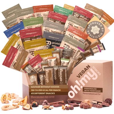 Oh!mysnacks Vegan Hamper - Healthy Snacks and Vegan Sweets Gift | Gift Hamper of Low Fat Snacks | Vegan Food Hamper containing Low Calorie Snacks | Healthy Snacks for Adults (45 Snacks)