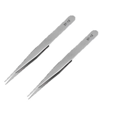 2 Pack Ultra-Fine High Precision Stainless Steel Tweezers Thick Tip Curved Head Flat Head Tweezers Straight Tweezers Electronic Repair Clips (silvery,ST-12(135mm))