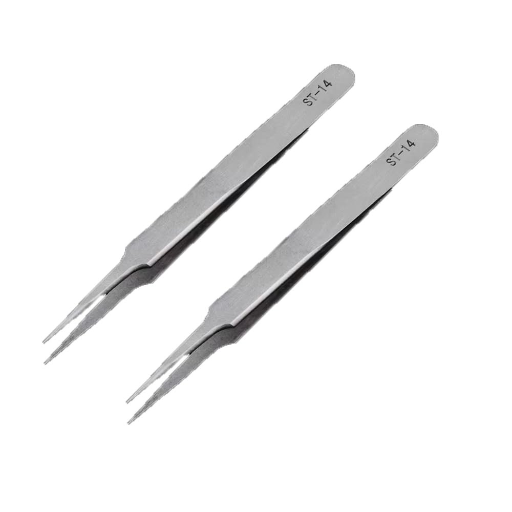 2 Pack Ultra-Fine High Precision Stainless Steel Tweezers Thick Tip Curved Head Flat Head Tweezers Straight Tweezers Electronic Repair Clips (silvery,ST-14(120mm))