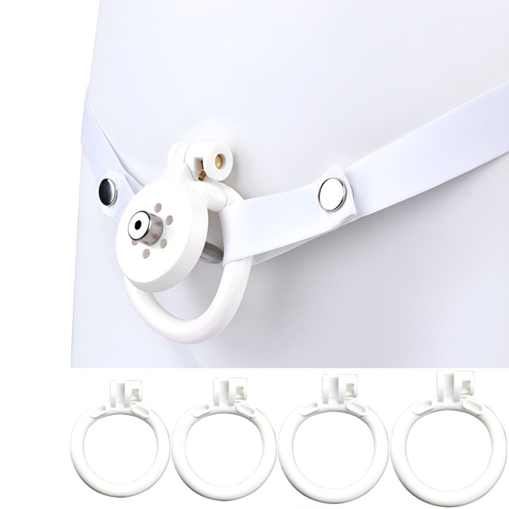 Male Flat Cage with Sounding Rod and 4 Different Size Rings, Lightweight Flat Devices for Sissy Men Disguise - HA08 (White)