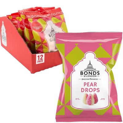 Bonds of London Pear Drops Bags, Retro Boiled Gift Sweets, Vegetarian Friendly, 130 g (Pack of 12)