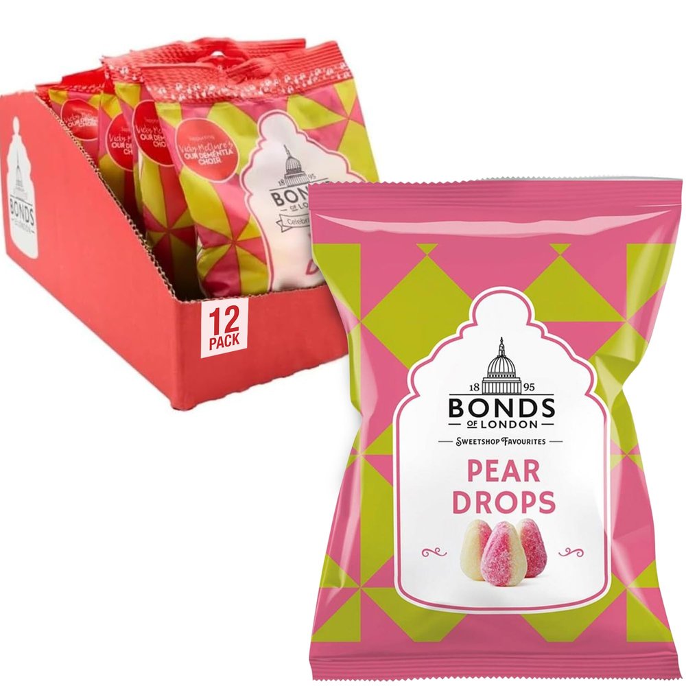 Bonds of London Pear Drops Bags, Retro Boiled Gift Sweets, Vegetarian Friendly, 130 g (Pack of 12)