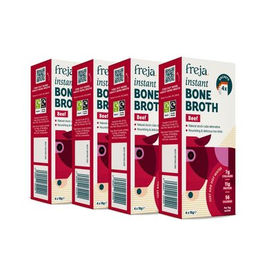 Freja Instant Beef Bone Broth | Beef | 100% Natural | Rich in Collagen, Protein & Amino Acids | Dairy & Gluten Free, 4 boxes (4 x 15g Sachets Per Box)