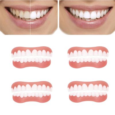 Wttfc False Teeth Set, 4 Pair Instant Veneers Denture, Soft Fake Teeth Veneers, Clip in Veneers Teeth Top and Bottom, Snap on Veneers, Snap on Dentures for Men and Women Cover Imperfect Teeth