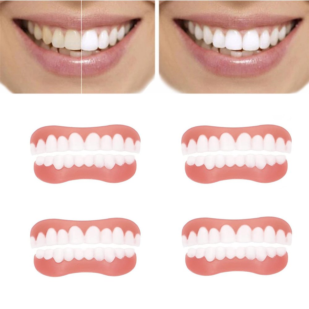 Wttfc False Teeth Set, 4 Pair Instant Veneers Denture, Soft Fake Teeth Veneers, Clip in Veneers Teeth Top and Bottom, Snap on Veneers, Snap on Dentures for Men and Women Cover Imperfect Teeth