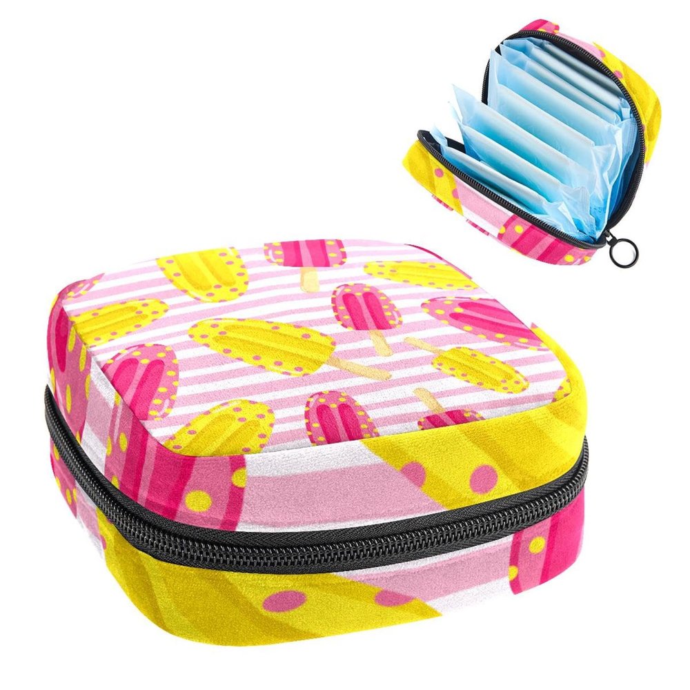 Popsicles Pink White Striped Pattern First Period Kit for Girls, Tampon Pantyliners Menstrual Purse, Nursing Pad Holder with Zipper, Sanitary Collect Napkin Bag Organizer