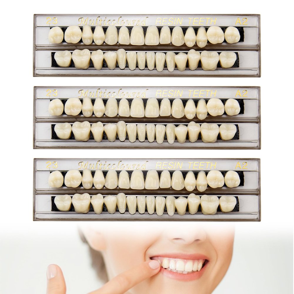 84Pcs False Teeth, Fake Teeth Dental Acrylic Resin Denture, Denture Repair Kit, 23 Shade A2 Upper + Lower Dental Materials for Replacement, for Missing Loose Tooth, 3 Sets, 23 A2