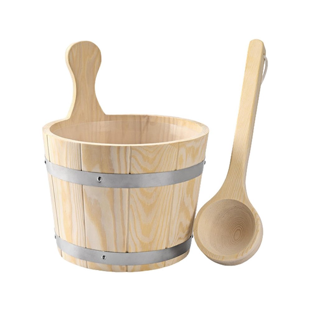  Sauna Bucket and Ladle Set, Sauna Wooden Bucket, Wooden Bath Tool Barrel, 5L for Sauna Room