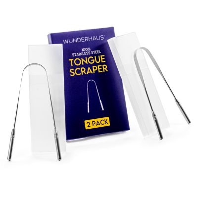 WUNDERHAUS 2 x Tongue Scraper for Adults, 100% Medical Grade 304 Stainless Steel, Includes Storage & Travel Cases, Hygienic & Safe Bad Breath Treatment, Metal Cleaners for Oral Health, Pack of 2