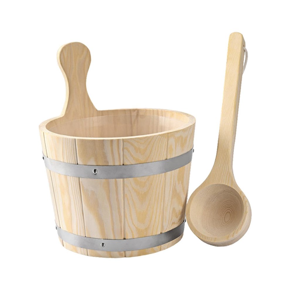Ronyme Sauna Bucket and Ladle Set Sauna Wooden Bucket Multipurpose Sturdy Practical 5L Wooden Bath Tool Barrel for Home, Hotel, SPA