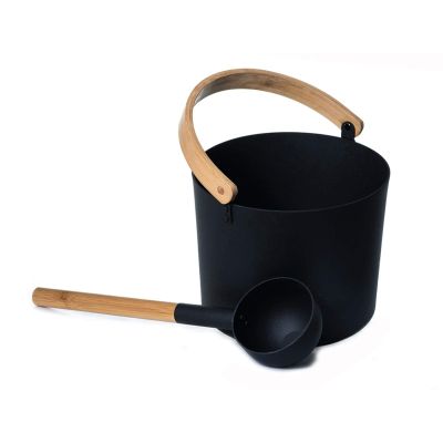 7L Finnish Sauna Aluminium Bucket with Long Handle Wooden Spoon Set Matching Ladle Sauna Barrel Black