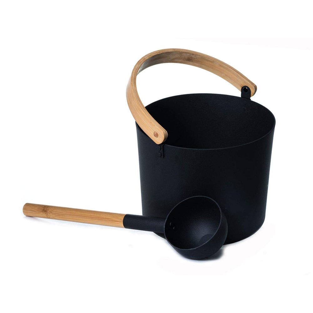 7L Finnish Sauna Aluminium Bucket with Long Handle Wooden Spoon Set Matching Ladle Sauna Barrel Black