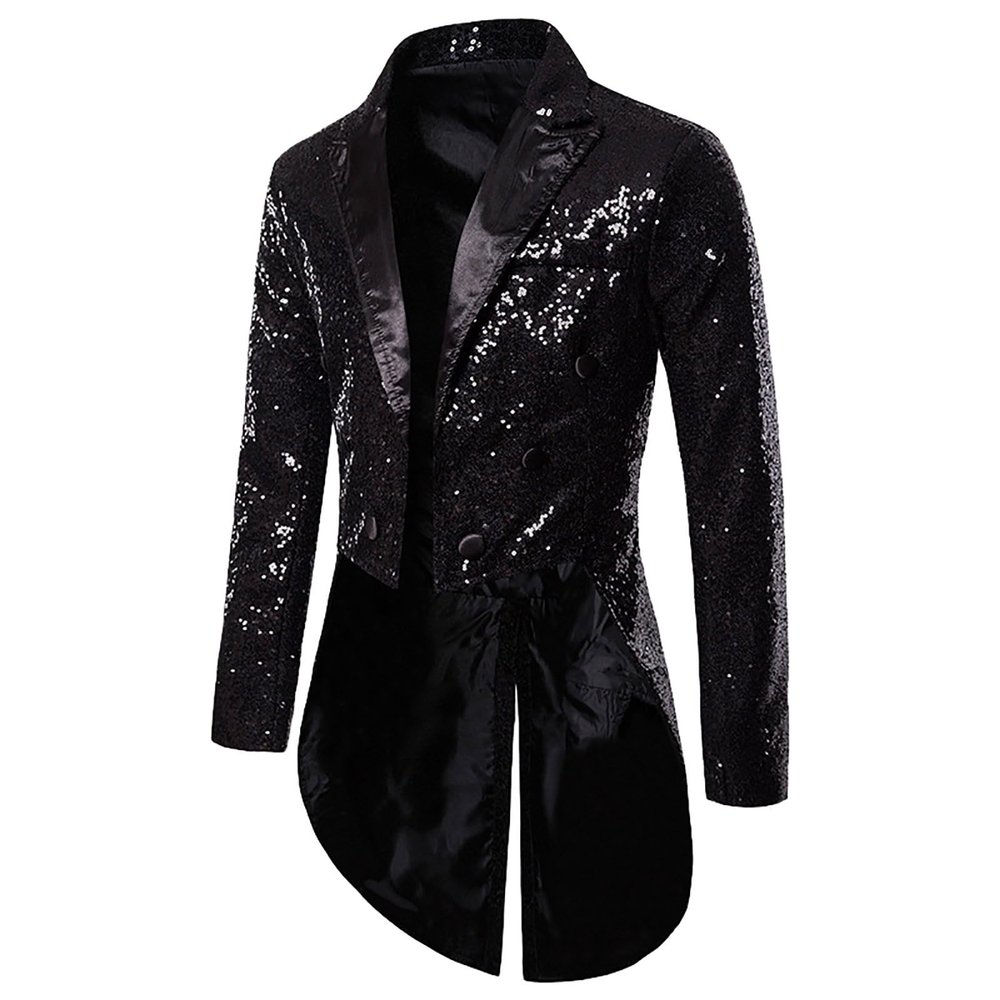 Duohropke Men's Sequin Tailcoat, Steampunk Tailcoat, Gothic Frock Coat, Medieval Men's Circus Ringmaster Costume Jacket, black, S