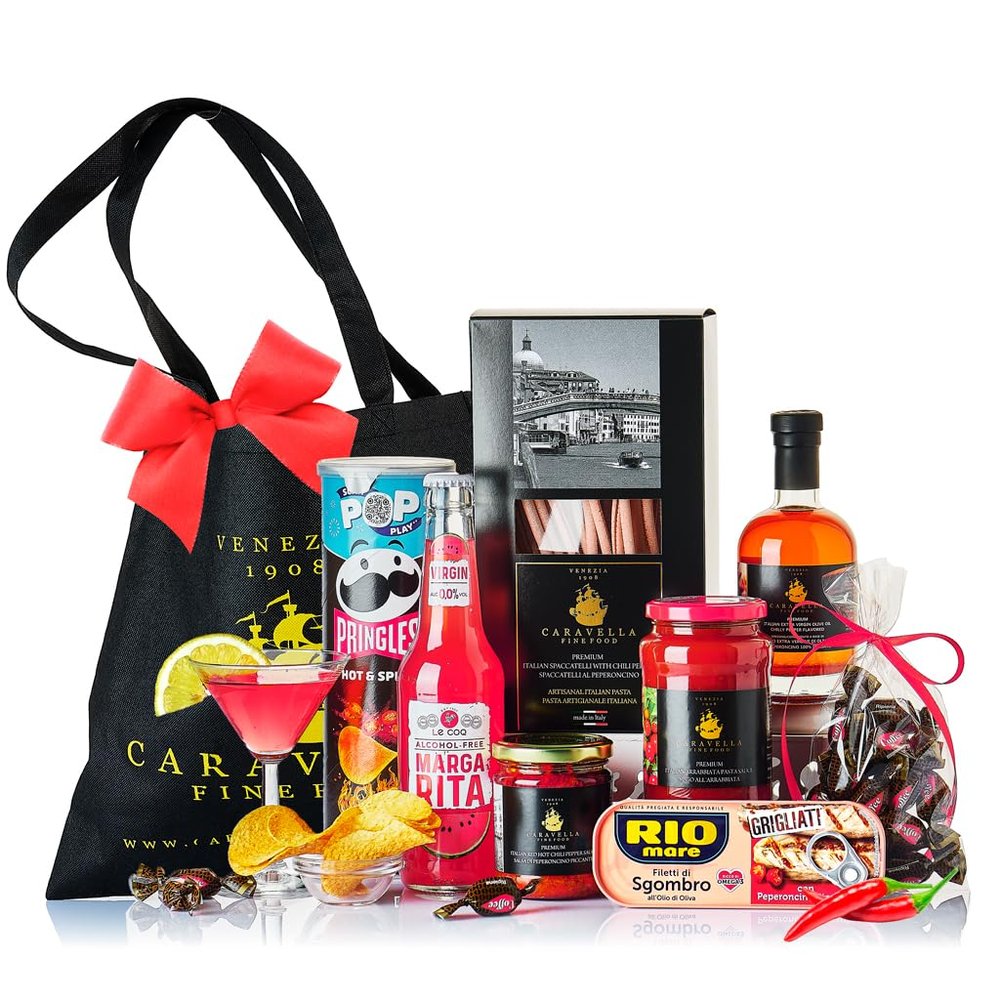 Caravella Fine Food Italian Spicy Bundle "Piccante Passione" with Chilli Pasta Arrabbiata Sauce Extra Virgin Olive Oil Virgin Margarita & More | Gourmet Gift Basket for Chili Lovers Made in Italy