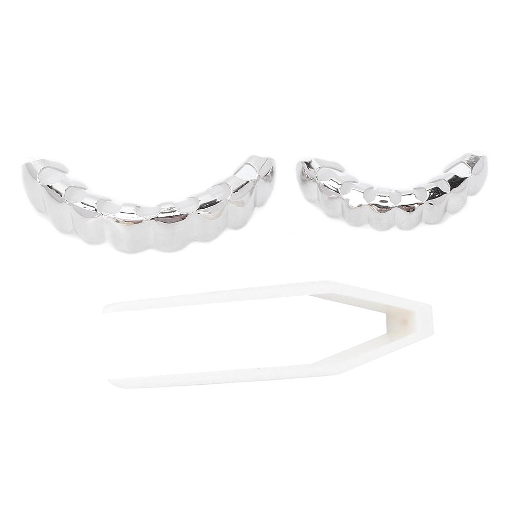BORDSTRACT Halloween Alloy Hip Hop Teeth, Silver Teeth Grills Top and Bottom Face Mouth Fangs for Your Jewelry Party Favors (astilla)