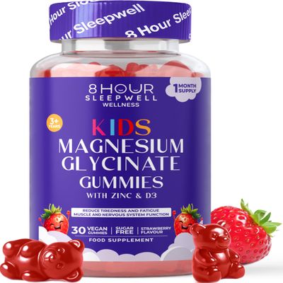 Kids Magnesium Glycinate Gummies  1 Month Supply | Sugar-Free, Vegan & Chewable | 470mg Magnesium for Kids, Providing 65mg to Support Calm Mind & Focus for Children Ages 3+ | Strawberry Flavour