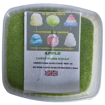 2 KILOGRAMS CANDY FLOSS SUGAR APPLE FLAVOURED 2 X 1KG WEIGHT PACKED IN A SEALED PLASTIC CONTAINERS