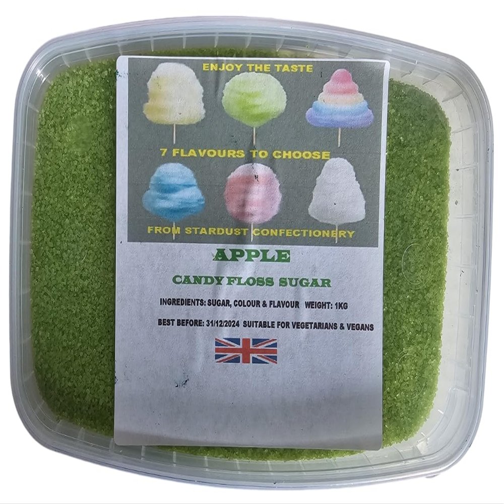 2 KILOGRAMS CANDY FLOSS SUGAR APPLE FLAVOURED 2 X 1KG WEIGHT PACKED IN A SEALED PLASTIC CONTAINERS