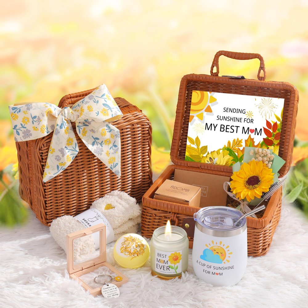 Mothers day Gifts for Mum,Sunflower Gifts for Mum From Daughter Son,Mum Birthday Basket Box Gifts Ideas Sending Sunshine for Mum