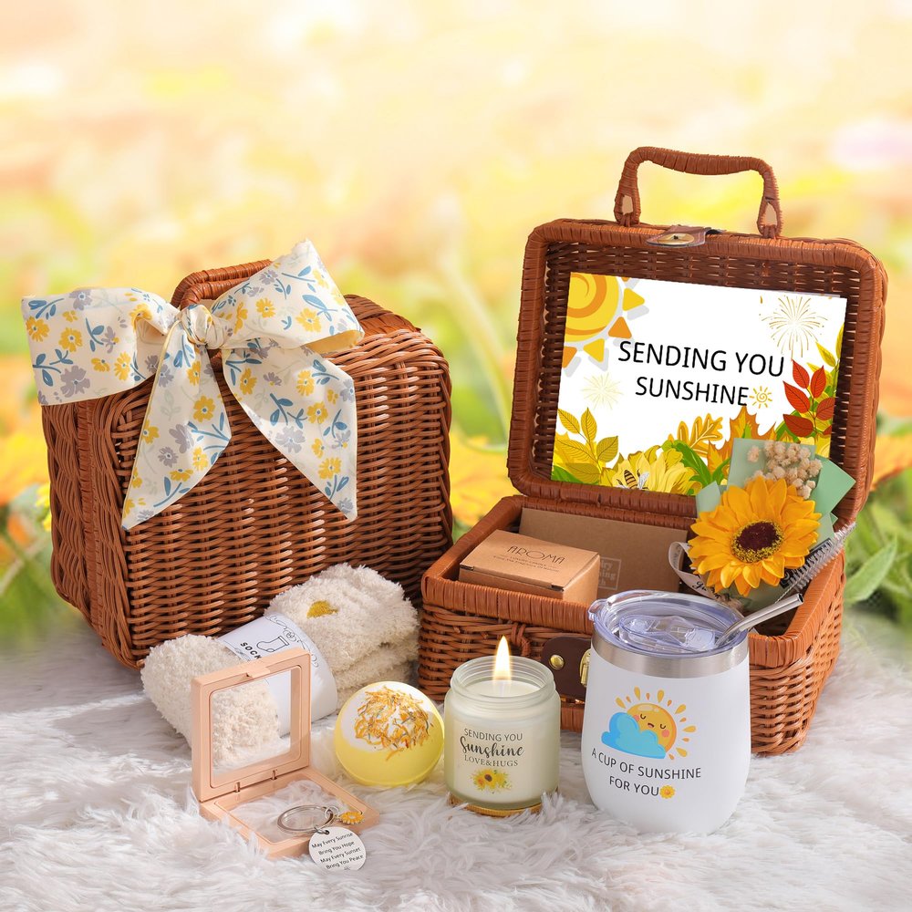 Sunflower Gifts for Women, Birthday Hampers Basket Gifts for Her, Get Well Soon Gift Baskets Self Care Package Set Sunshine Christmas Gifts for Your Mum, Wife, Best Friends, Sister, Daughter,Aunt