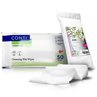 Conti Incontinence Wet Wipes Post Toileting Patient Cleansing Wipes 24x22cm Flushable/Macerator Friendly (50 Wipes Per Pack | Fragrance Free) Includes RE-GEN Cotton Pleat (50 Count - Pack of 3)