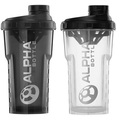 Alpha Designs Protein Shaker Bottles 2 Pack (750ml) Gym Gifts for Men & Women - 0.75L Gym Bottles for Protein Shakes - Black and Clear