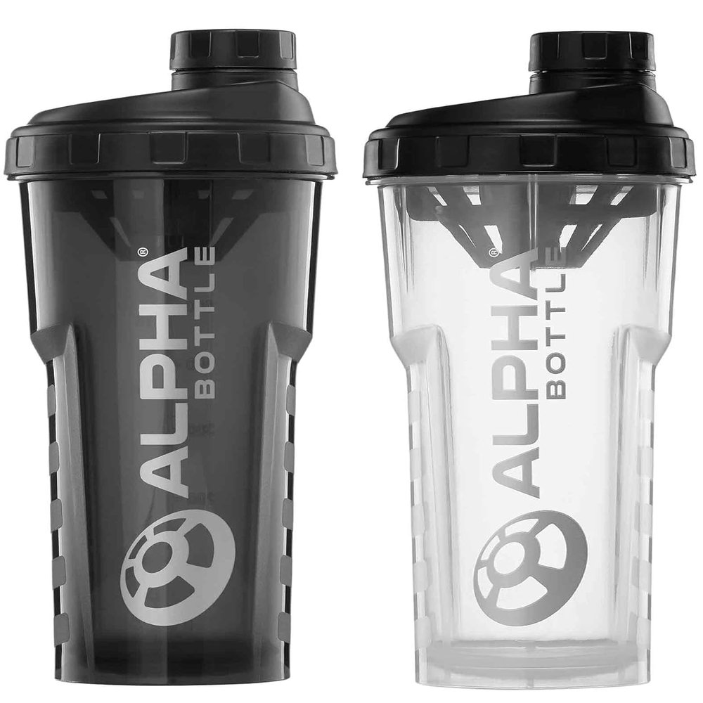 Alpha Designs Protein Shaker Bottles 2 Pack (750ml) Gym Gifts for Men & Women - 0.75L Gym Bottles for Protein Shakes - Black and Clear