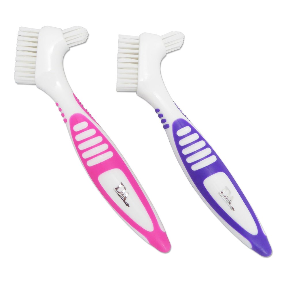 2 x Denture Brushes ~ Rubber Grips, Easy Hold Handle, Double Bristle Head (Pink & Purple, One Size)