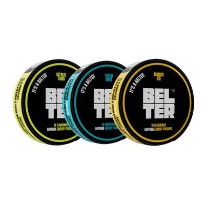 BELTER - Mixed Bundle - Caffeine Pouches - Citrus, Mango,Mint Flavour - 45 Count - Fast-Acting - Zero-Calorie Energy Boost - 80mg Caffeine Per Pouch