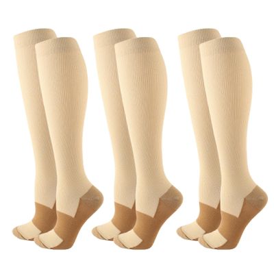 3Pairs Copper Compression Pain Relief Socks for Men & Women | 20-30mmHg Full Coverage, Knee-High Support for Improved Circulation | Ideal for Sports, Travel, Nurses, Maternity & Recovery (Beige, S/M)
