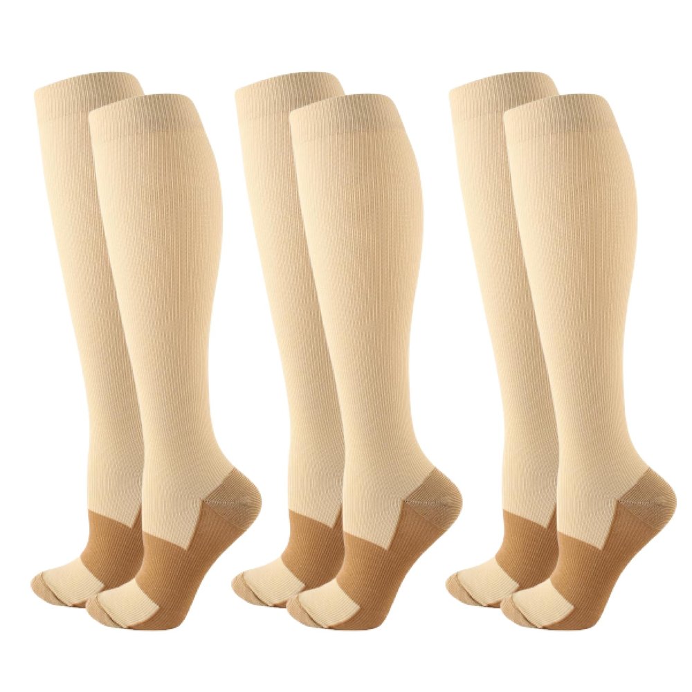 3Pairs Copper Compression Pain Relief Socks for Men & Women | 20-30mmHg Full Coverage, Knee-High Support for Improved Circulation | Ideal for Sports, Travel, Nurses, Maternity & Recovery (Beige, S/M)