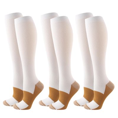 3Pairs Copper Compression Pain Relief Socks for Men & Women | 20-30mmHg Full Coverage, Knee-High Support for Improved Circulation | Ideal for Sports, Travel, Nurses, Maternity & Recovery (White, S/M)