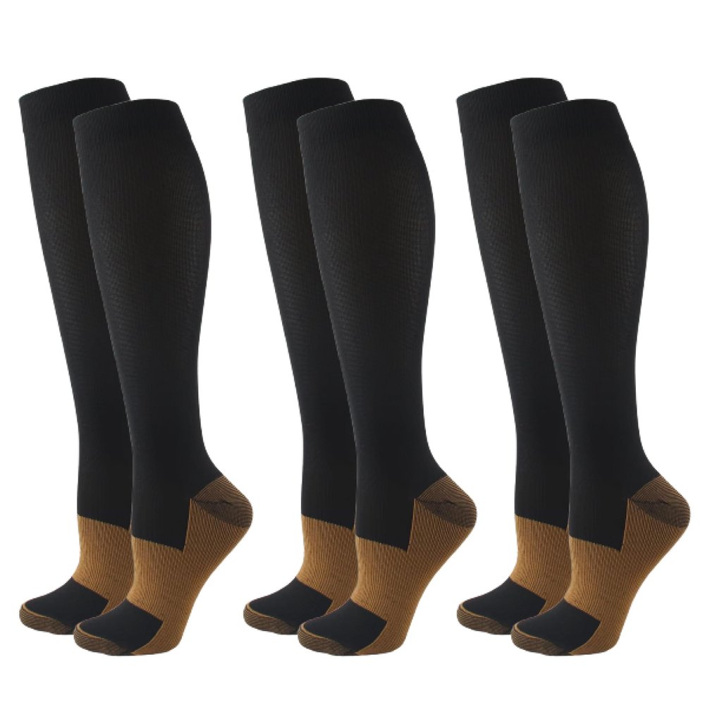 3Pairs Copper Compression Pain Relief Socks for Men & Women | 20-30mmHg Full Coverage, Knee-High Support for Improved Circulation | Ideal for Sports, Travel, Nurses, Maternity & Recovery (Black, L/XL)