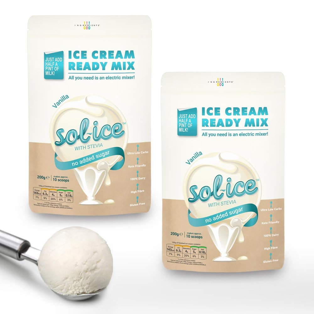 Sol-ice 0% Added Sugar Ice Cream Mix Powders | Dairy Keto Friendly | Whip with Just a Mixer or Machine | Fibre-Based | Bundle of 2x Vanilla 200g