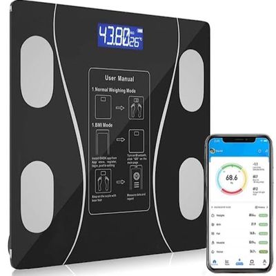 Bluetooth Body fat Weighing Scale, 180kg Capacity, LCD Display, 26x26cm with charging cable
