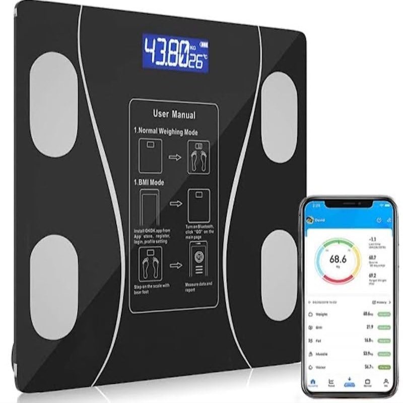 Bluetooth Body fat Weighing Scale, 180kg Capacity, LCD Display, 26x26cm with charging cable