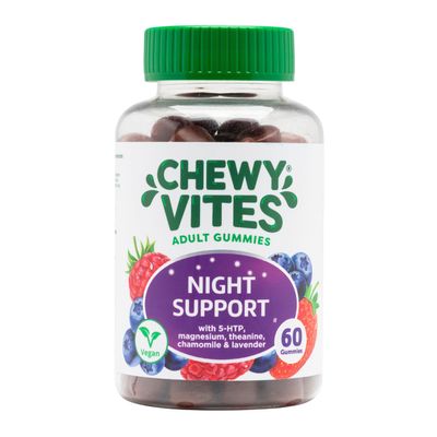 Chewy Vites Adult Night Support, 60 Non-Melatonin Gummies with 5-HTP, Magnesium, Theanine, Chamomile, Lavender, Herbal Night Time Gummies, 1 Months Supply, Berries Flavour