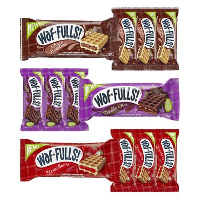 Waffulls Waffle Mix of Choco Hazelnut, Double Chocolate and Strawberry Waffles 12 x 50g, Soft Waffle Sandwich, Breakfast Snack, Ready to Eat Snack Christmas Gifts for Kids