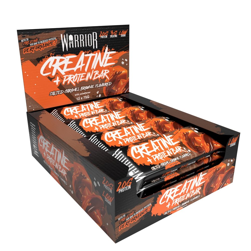 Warrior RAW Creatine Protein Bar, 20g High Protein Oat Flapjack With 3g Creatine, Low Sugar Protein Bar, Gym Snack For Muscle Growth & Recovery, Pre Or Post Workout, 12 x 75g (Salted Caramel Brownie)