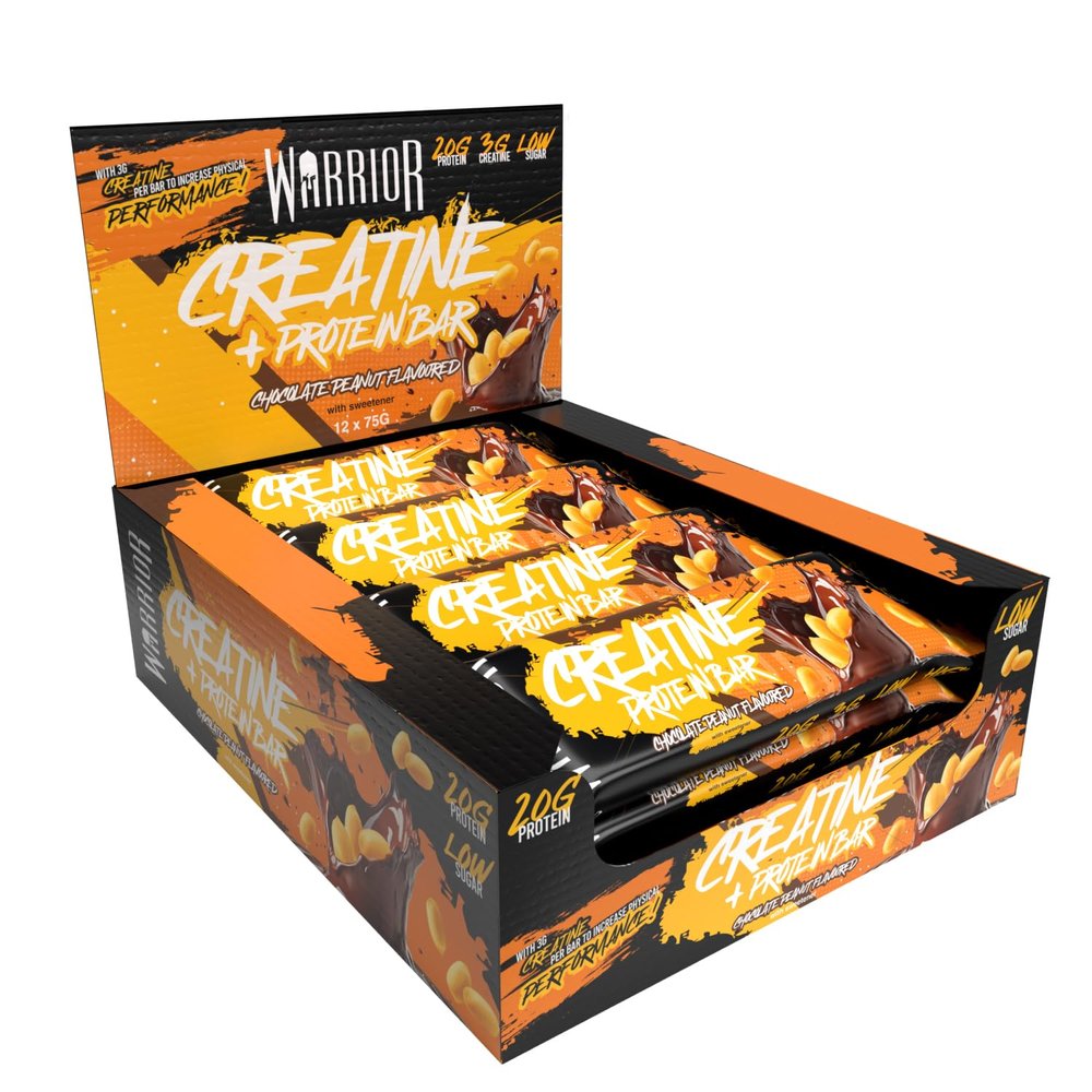 Warrior RAW Creatine Protein Bar, 20g High Protein Oat Flapjack With 3g Creatine, Low Sugar Protein Bar, Gym Snack For Muscle Growth & Recovery, Pre Or Post Workout, 12 x 75g (Chocolate Peanut)